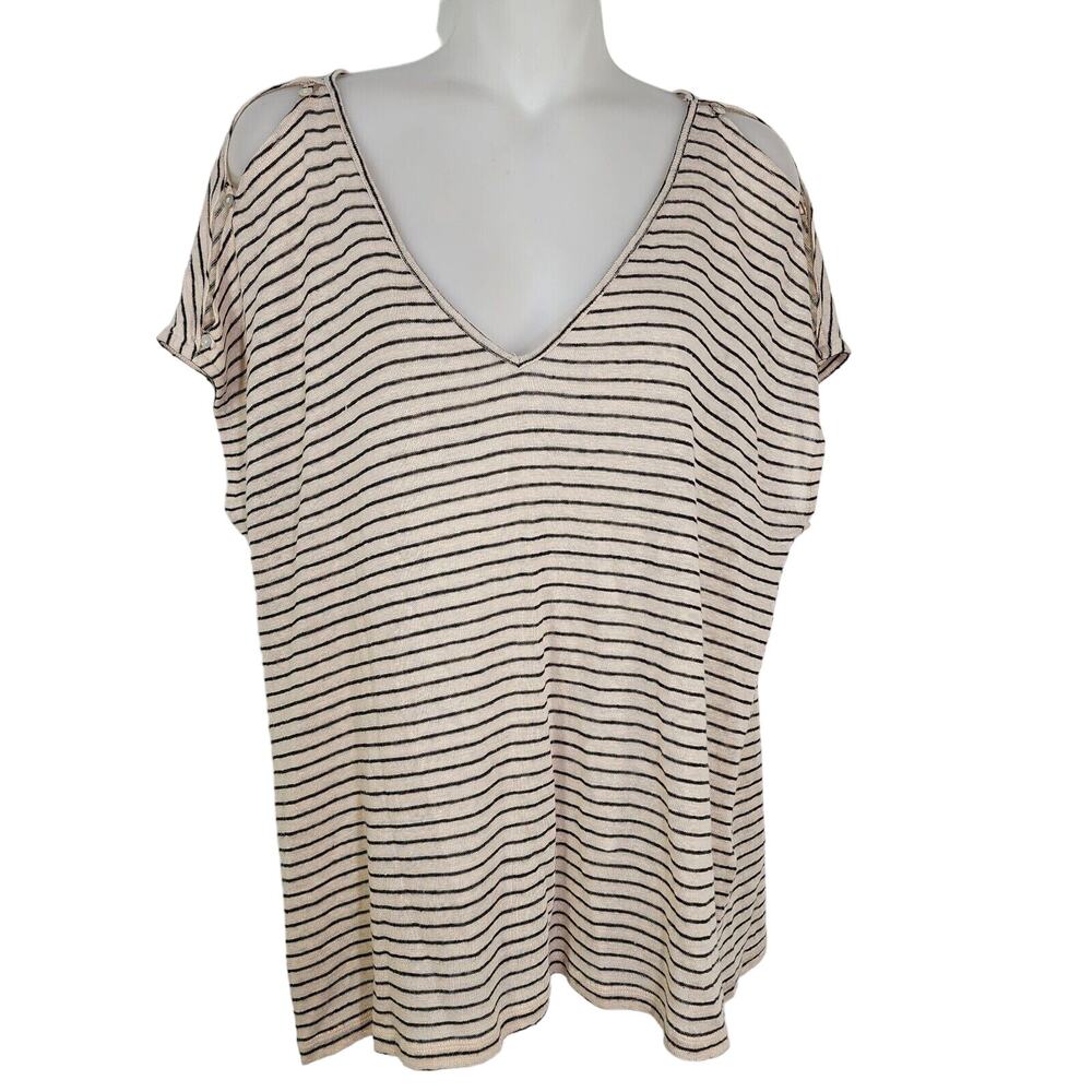 Lucky Brand Tee Womens Large Linen V Neck Top Natural Stripe Split Button Sleeve